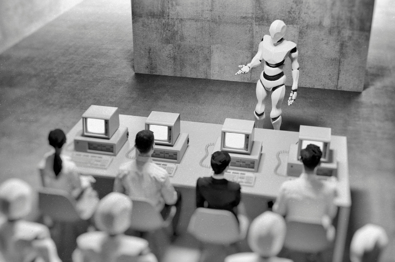 Figura ilustrativa de robô conversando com pessoas.