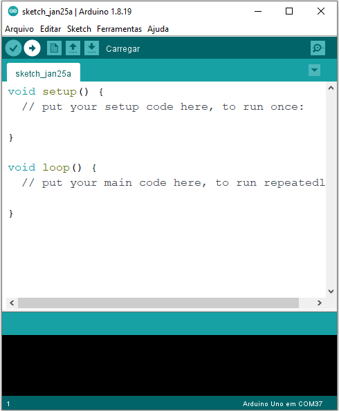 Imagem ilustrativa com o código sem instruções (em branco) no Arduino IDE.