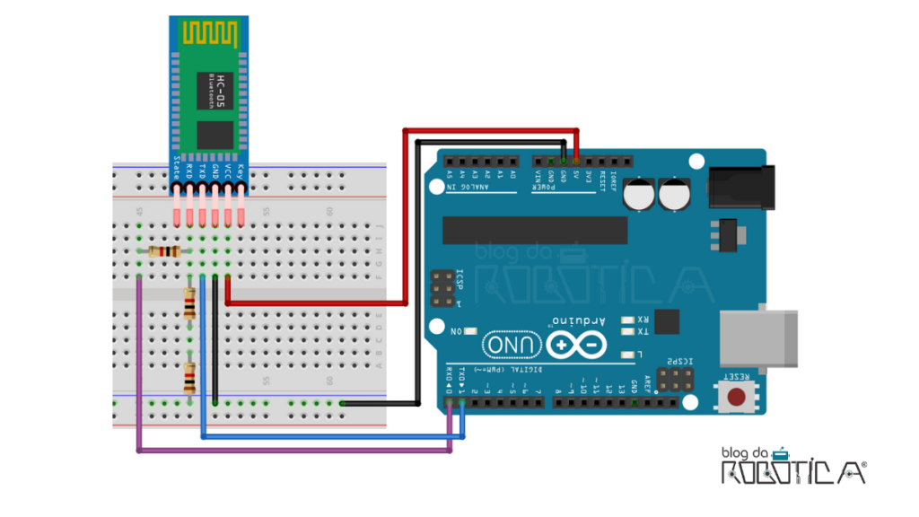 Imagem ilustrativa do circuito de ligação para configuração da senha e nome do módulo Bluetooth HC-05 com Arduino.