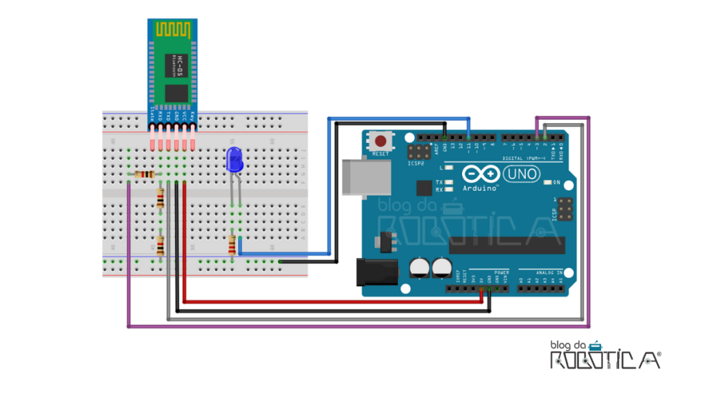 Imagem ilustrativa do circuito para utilização do módulo Bluetooth HC-05 com o Arduino.