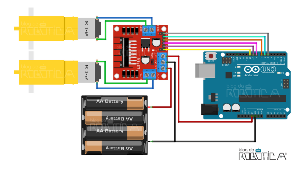 Imagem ilustrativa do circuito para controle de dois motores DC usando o driver ponte H L298N e o Arduino.