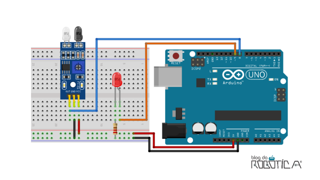 Imagem ilustrativa do circuito para utilização do sensor de obstáculo reflexivo infravermelho IR com Arduino.