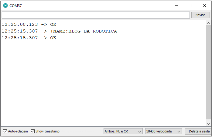 Imagem ilustrativa da alteração no nome do módulo Bluetooth HC-05 no monitor serial.