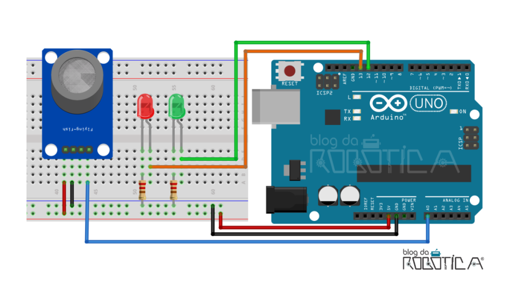 Imagem ilustrativa do circuito para utilização do sensor de gás e fumaça MQ-02 com Arduino.