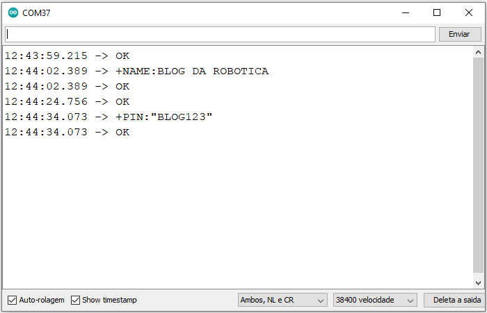 Imagem ilustrativa da alteração da senha do módulo Bluetooth HC-05 no monitor serial
