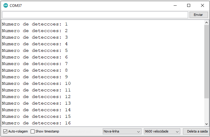Imagem ilustrativa do número de detecções pelo sensor de velocidade encoder impresso no monitor serial do Arduino IDE