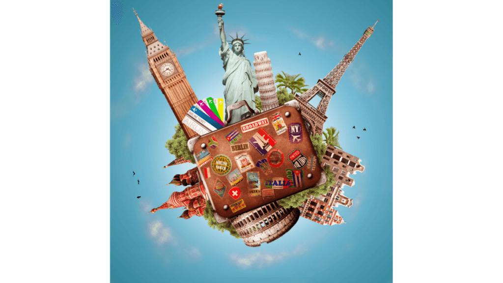 Imagem ilustrativa com diversos pontos turísticos de todo o mundo