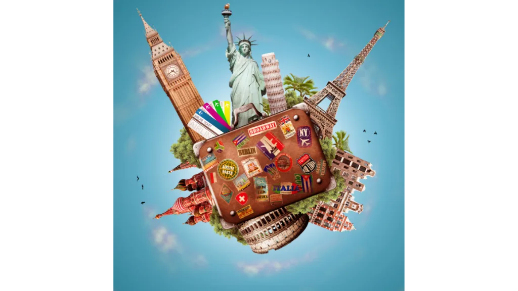 Imagem ilustrativa com diversos pontos turísticos de todo o mundo