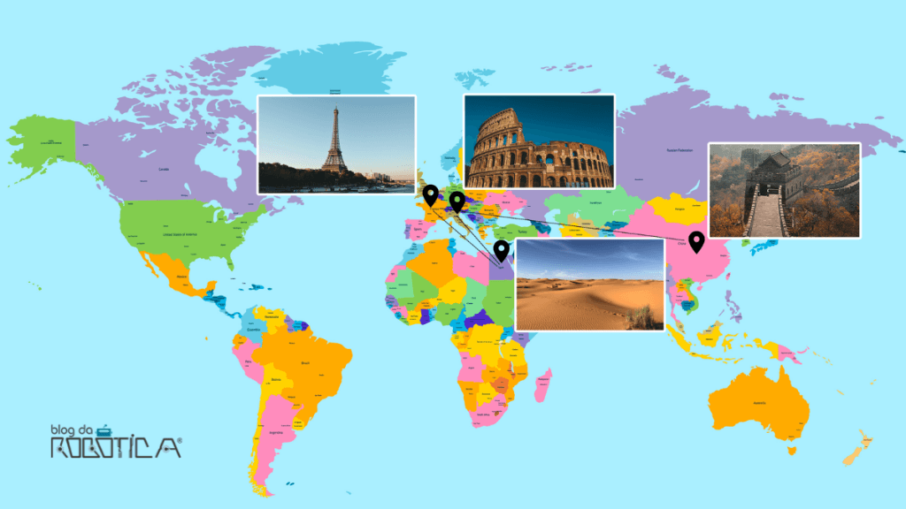 Figura 2 - Imagem ilustrativa do roteiro de viagem para vários lugares do mundo com pontos turísticos para serem visitados