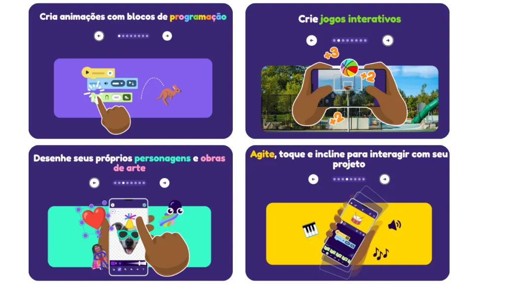 Imagem que demonstra as funcionalidades e possibilidades do OctoStudio. A exemplo: Animar histórias, gravar sons, criar animações e jogos interativos.