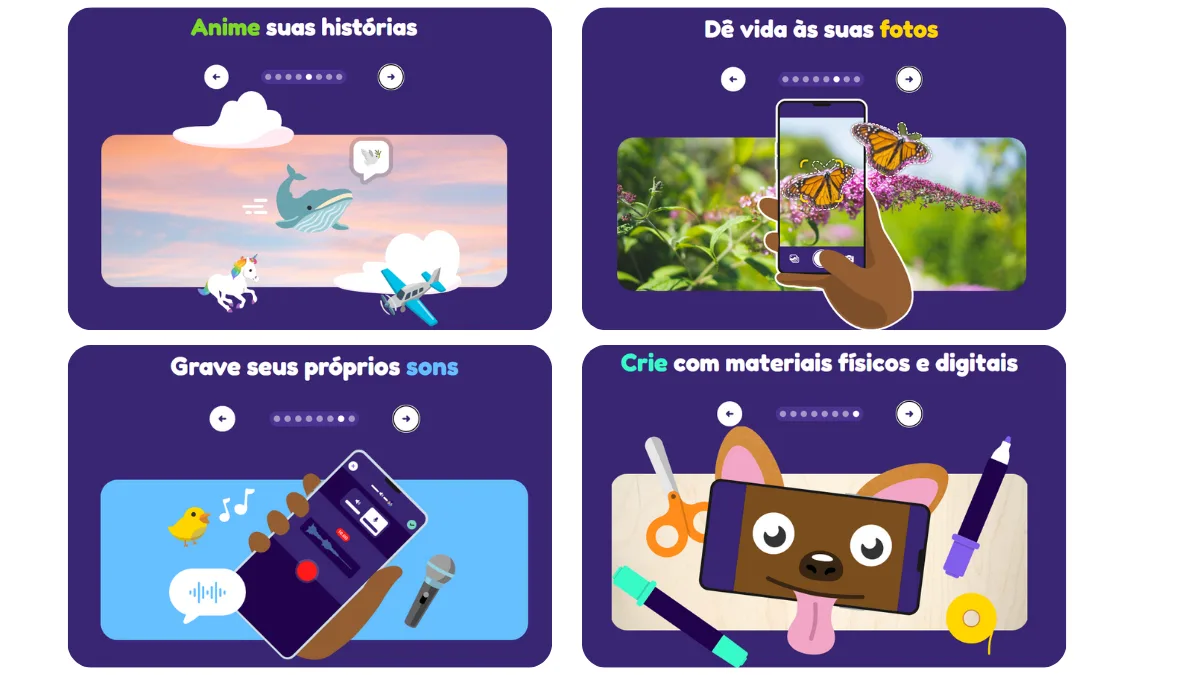 Imagem que demonstra as funcionalidades e possibilidades do OctoStudio. A exemplo: Animar histórias, gravar sons, criar animações e jogos interativos.