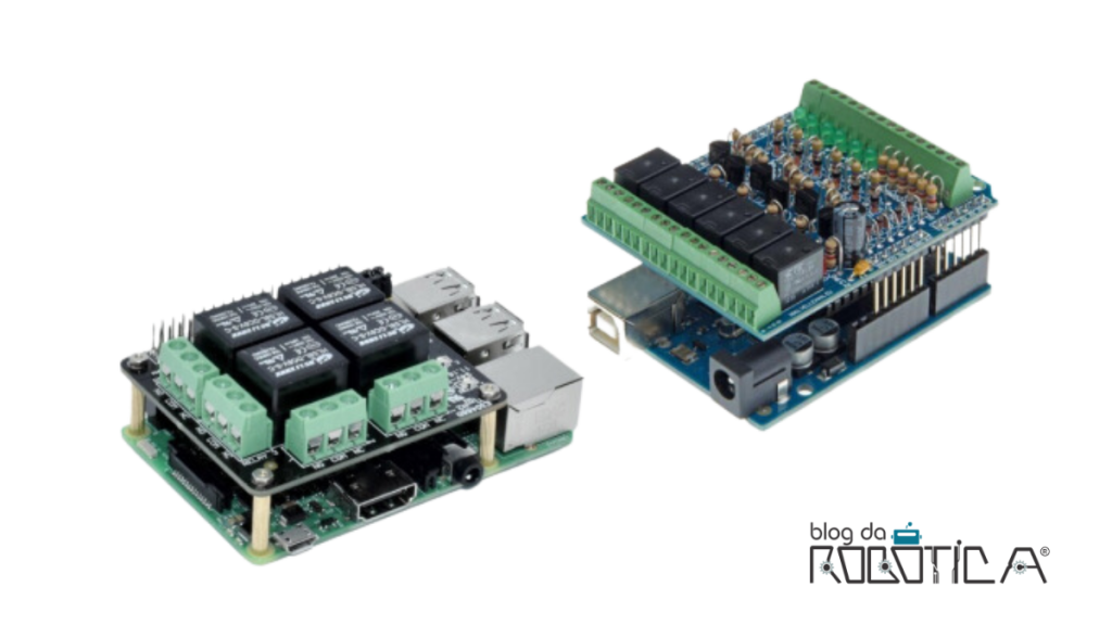 Exemplos de shields acoplados às placas de desenvolvimento Arduino e Raspberry.