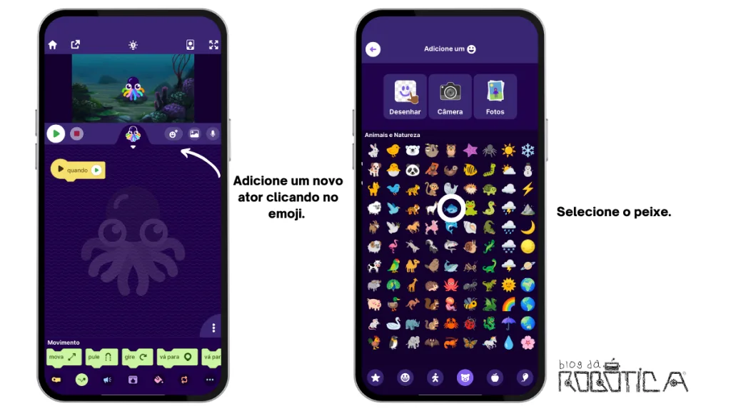 Imagens contendo informações de como adicionar um novo ator para o jogo no OctoStudio.