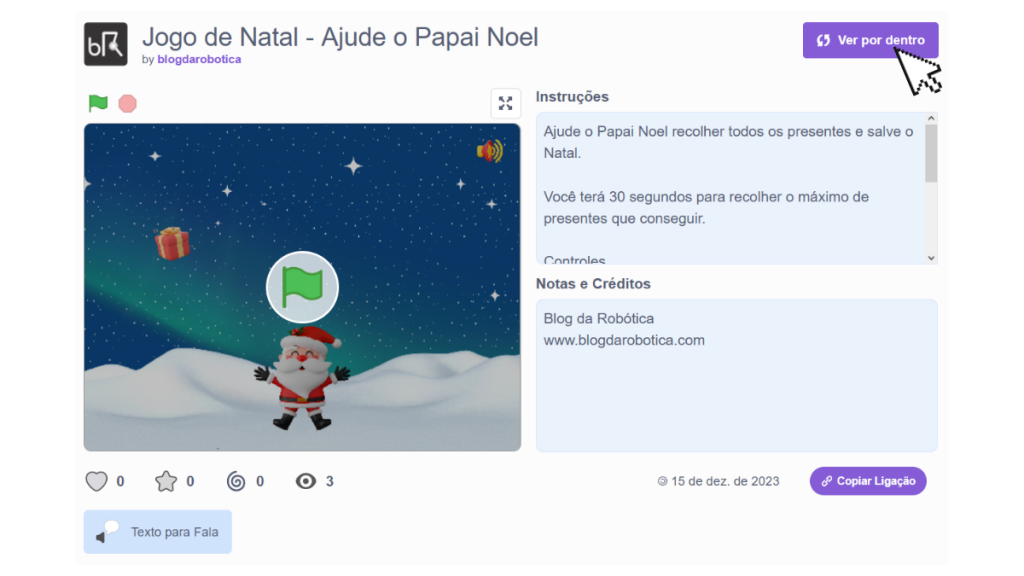 Página do projeto Jogo de Natal - Ajude o Papai Noel no Scratch.