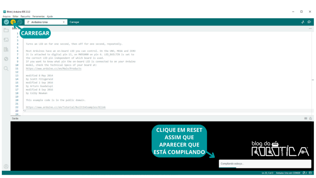 Imagem indicando o momento certo para clicar em reset no Arduino.