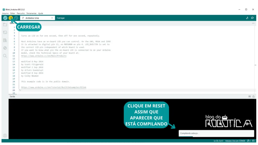 Imagem indicando o momento certo para clicar em reset no Arduino.