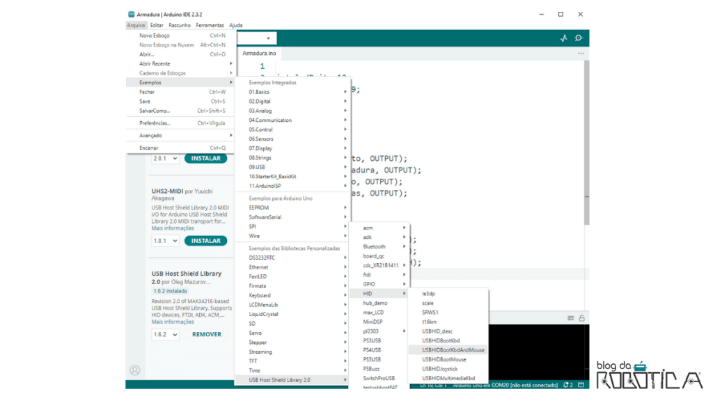 imagem do caminho para o exemplo USBHIDBootKbdAndMouse. No Arduino IDE.