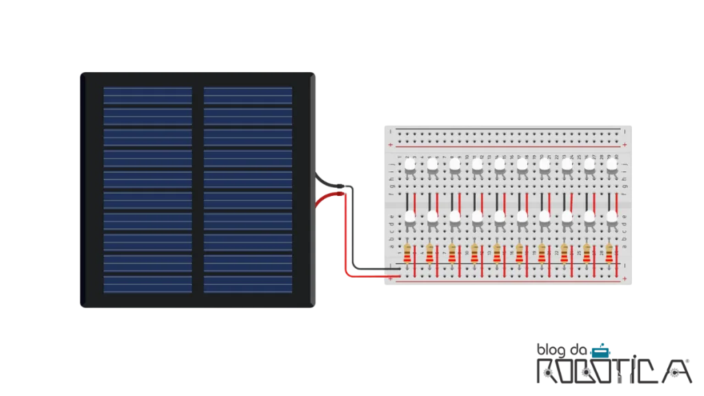 Esquemático de ligação para acionamento de LEDs usando a miniplaca solar.