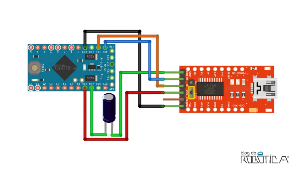 Esquemático de ligação do Arduino Pro Mini com o módulo FTDI.