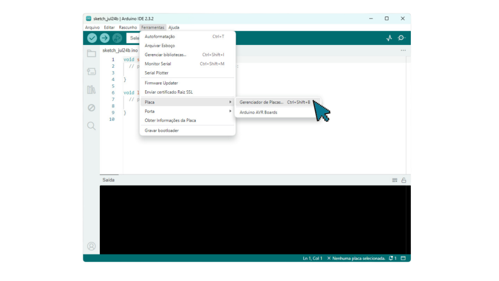 Caminho para o gerenciador de placas da IDE do Arduino.