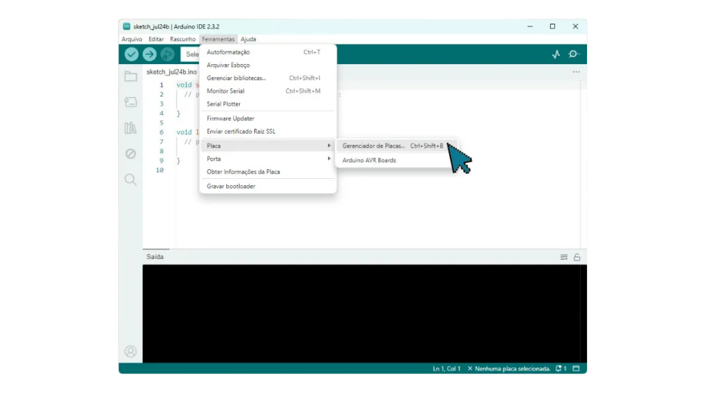 Caminho para o gerenciador de placas da IDE do Arduino.