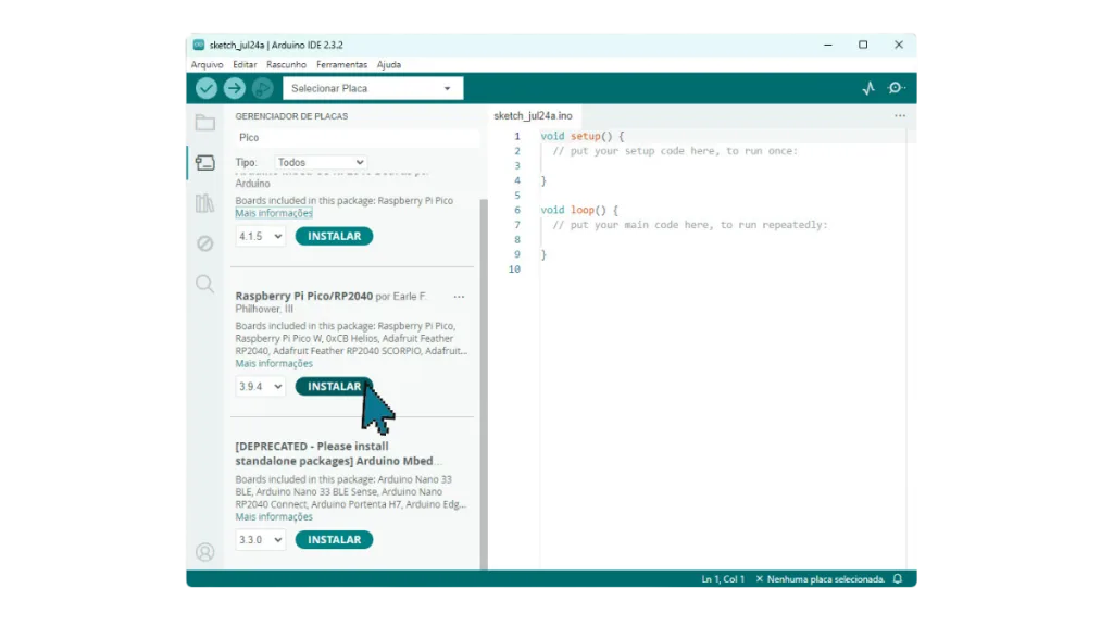 Aba do gerenciador de placas da Arduino IDE.