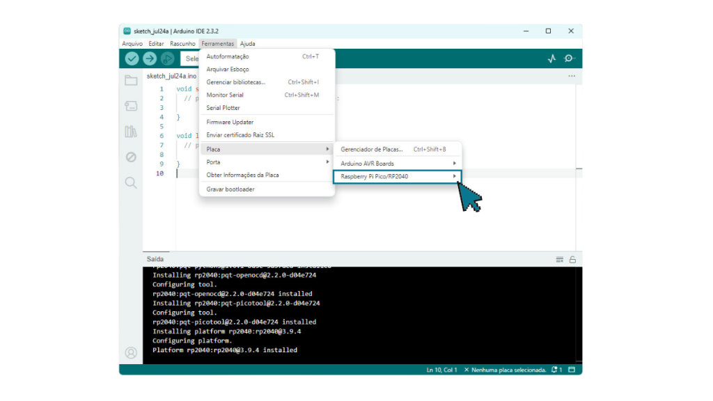 Caminho para selecionar a Raspbarry Pi Pico