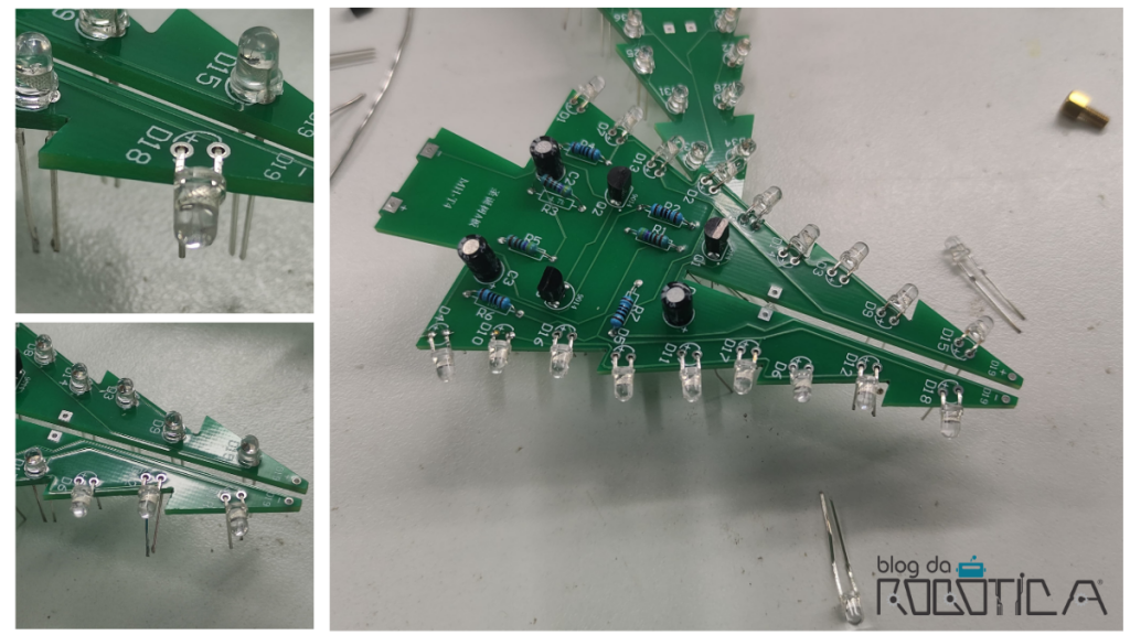 LEDs dobrados na placa.