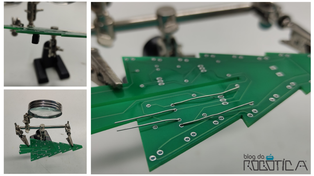 Lupa com garras segurando a placa para soldagem.
