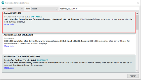 Instalação da biblioteca Adafruit_SSD1306.h na Arduino IDE