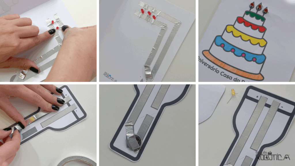 Imagem ilustrativa da Figura 1 - Circuitos com papel, fita condutiva, LEDs e bateria