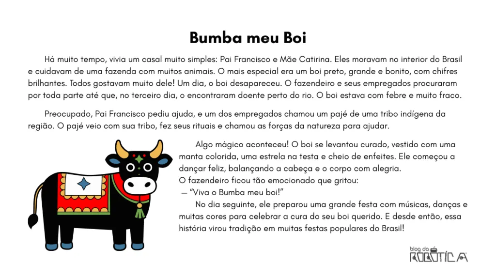 Imagem com texto sobre a Lenda do Boi-Bumbá e uma imagem dele.